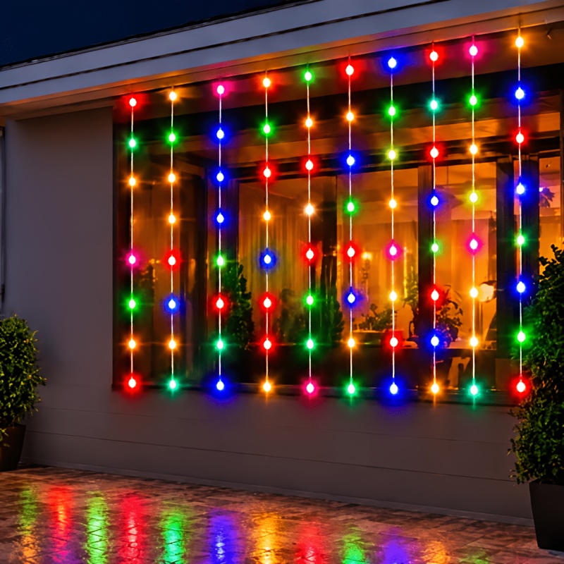 TEMU 200led Solar Curtain String Lights Outdoor, 9.8ft X 6.5ft Hanging Fairy Lights With Warm , Solar Powered Window Curtain Lights For Patio Garden