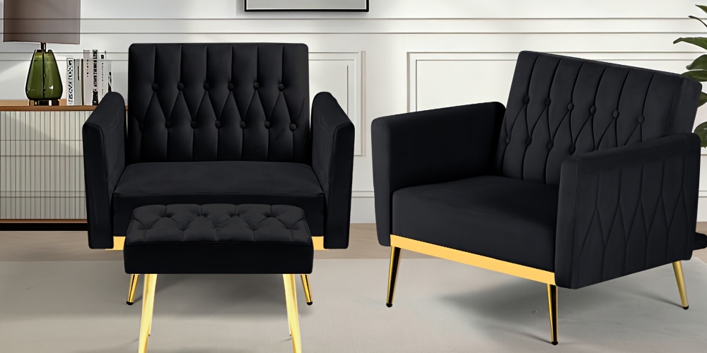 [Velvet Accent Chair] ACMEASE Velvet Single Accent Chair | Adjustable Armrests & Backrest, Button Tufted Lounge Recliner with Ottoman & Pillow for Living Room, Bedroom, Study Room