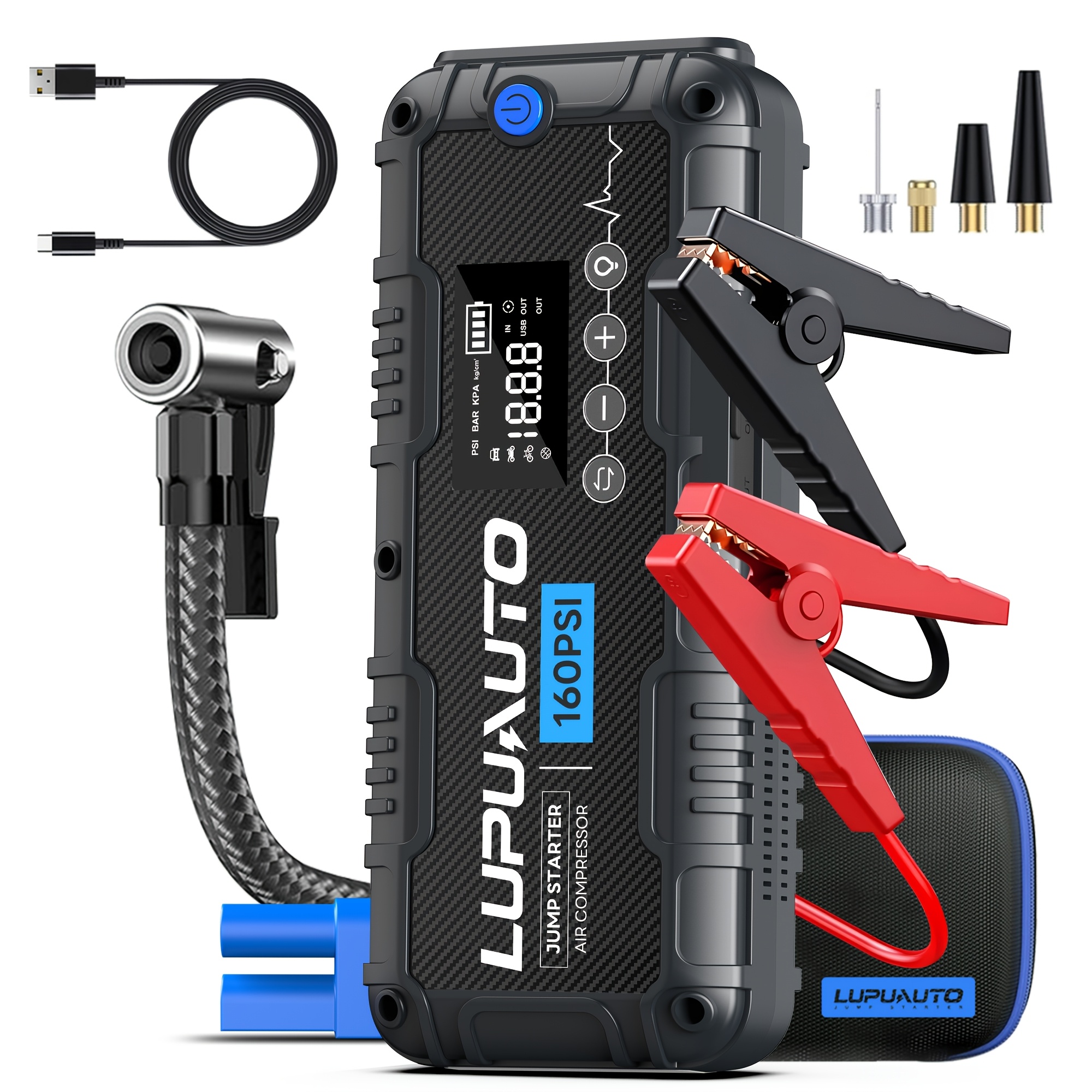 TEMU Démarreur de voiture , batterie externe pour boost de batterie de voiture, dispositif de démarrage de moteur, compresseur d'air de pneu 160PSI