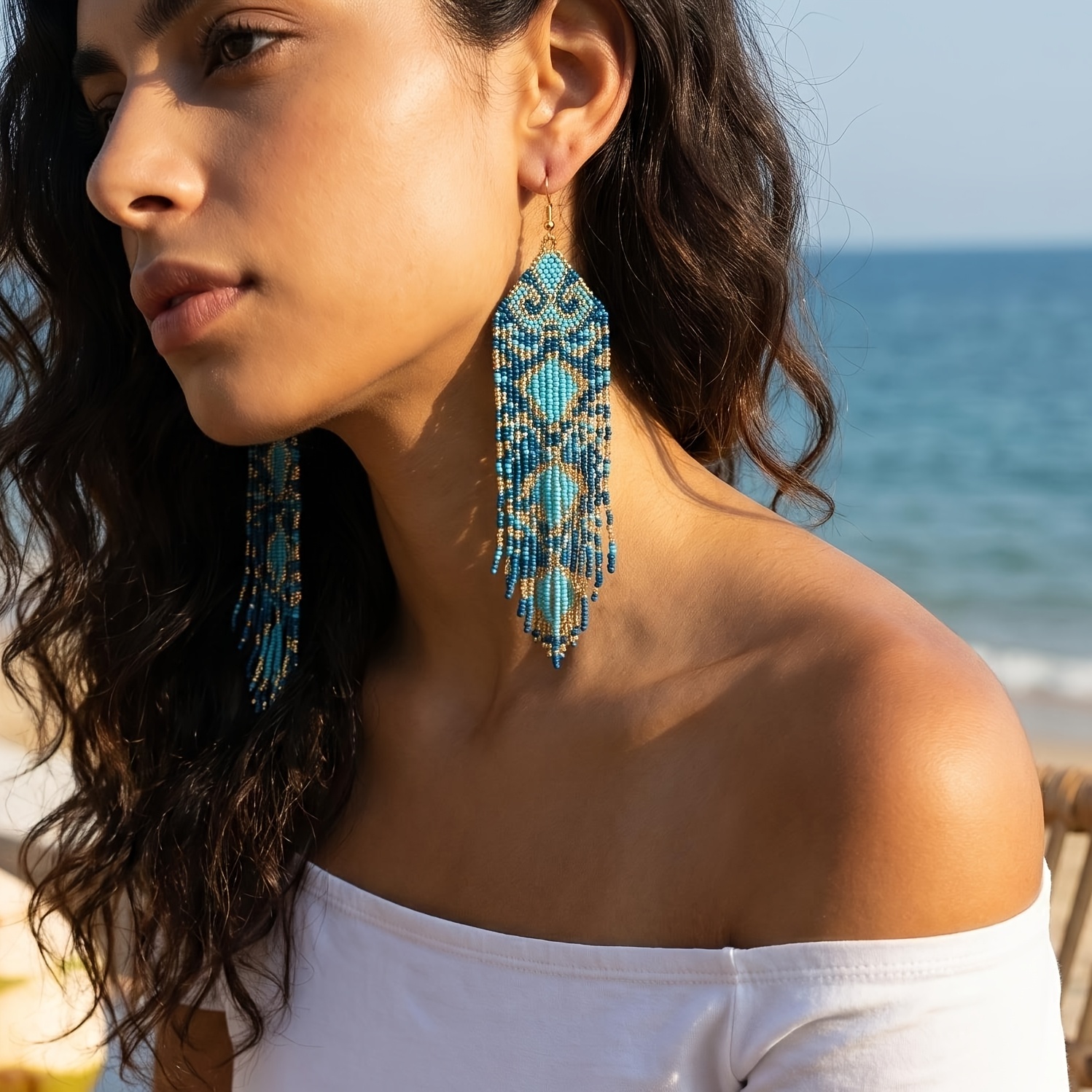 TEMU Boucles d'oreilles perlées bohèmes tendance, bijoux pendants à longues franges géométriques dorées de style , joli accessoire vintage pour un