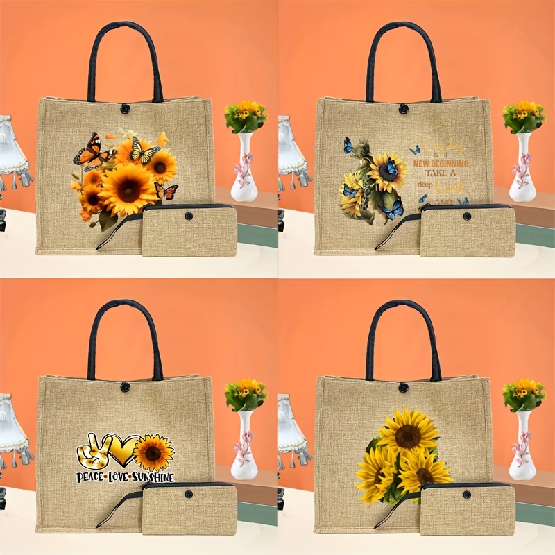 

2pcs Sunflower Pattern Tote Bag Set, Lightweight Burlap Shopping Bag, Portable Travel Beach Bag With Makeup Bag