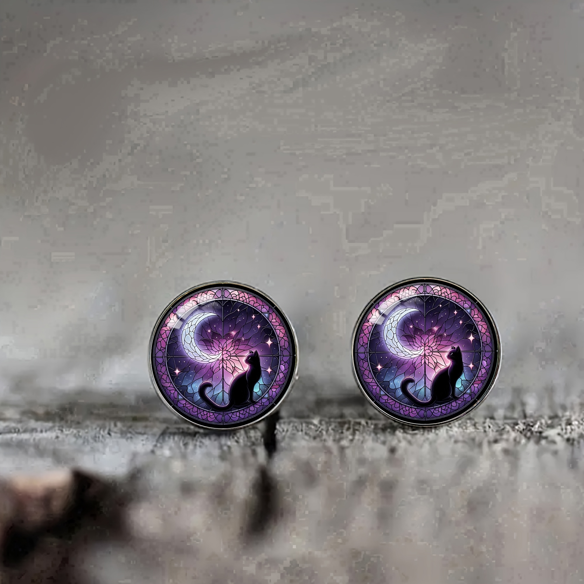 

1 Pair Gothic Cat Moonlight Night Stud Earrings, 201 Stainless Steel With 304 Post, Synthetic Glass Mosaic, Infinity Theme, December Birthstone, Elegant & Sexy For Daily & Party Wear