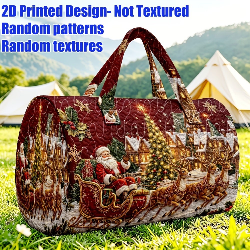 TEMU 1pc 2d Printed Women's Handbag With Santa Claus, Reindeer, Sleigh, Christmas Tree & Christmas , Vintage Christmas Style, Large Capacity Travel