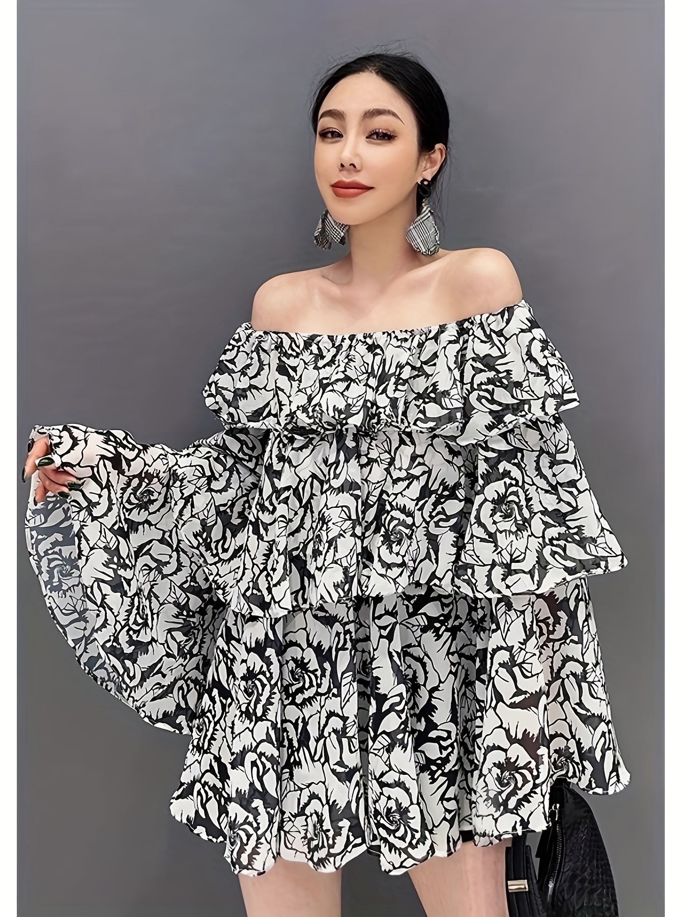 women's elegant shoulder blouse geometric print black white Temu