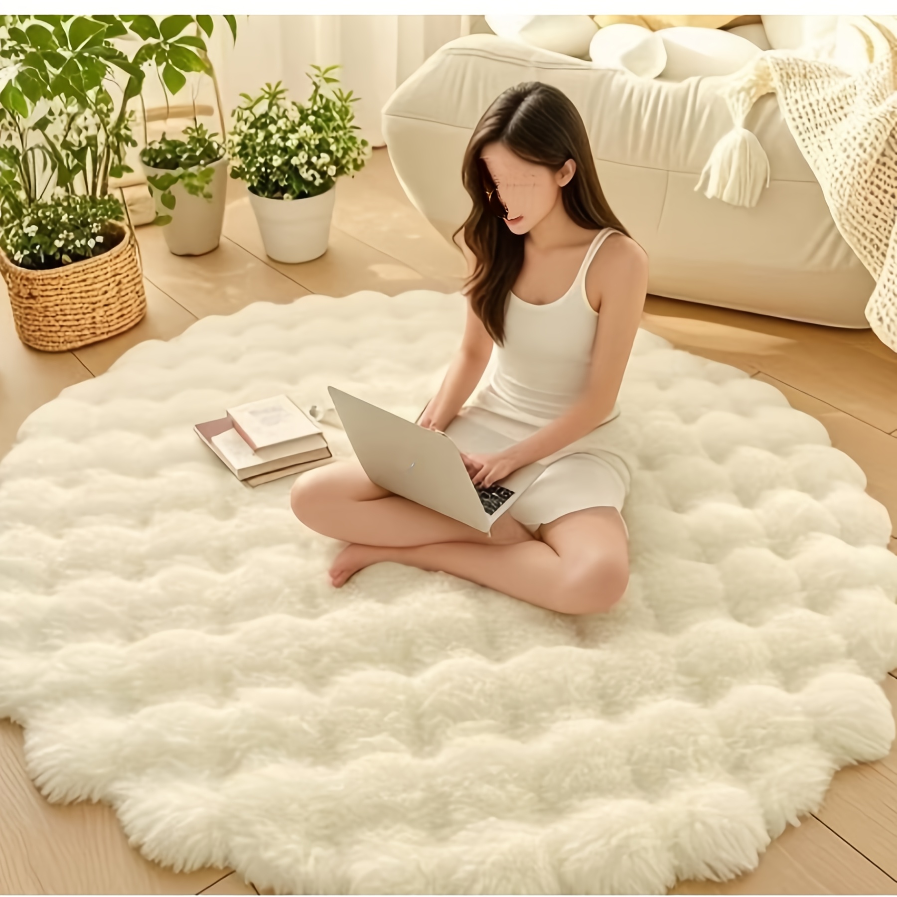 TEMU A Faux Rabbit Plush Bubble Cream-style Round Home Decor Sofa Cushion Seat Pad. A Plush, , And Soft High-quality Polyester Plush Lazy Sofa