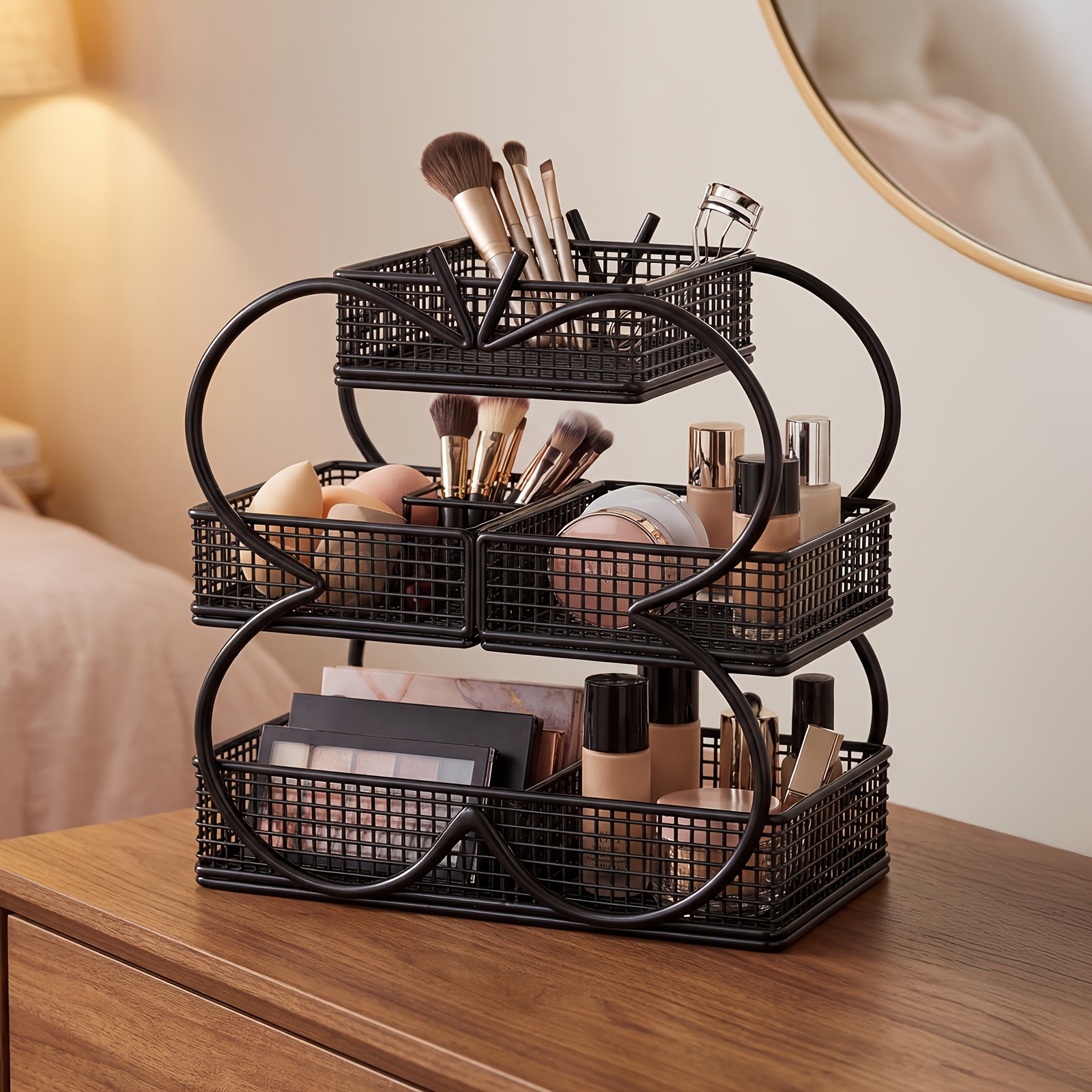 Makeup Organizer, Shape Square 4-basket Vanity Storage Box With Vertical Storage To Prevent Desktop Clutter, Large Capacity Storage, Stackable Design, Desktop Shelf For Small Apartment Bedroom