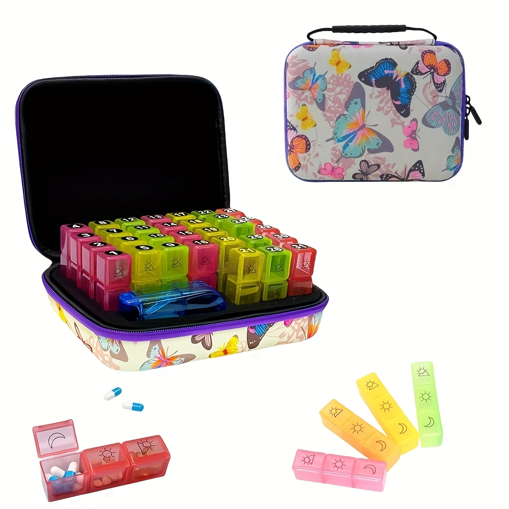 

Colorful -themed 31-day Pill Organizer With Monthly & Weekly Stickers - Portable Medicine Management Box For Travel, Includes Daily Compartments For Vitamins, Fish Oil, Supplements - Plastic, White