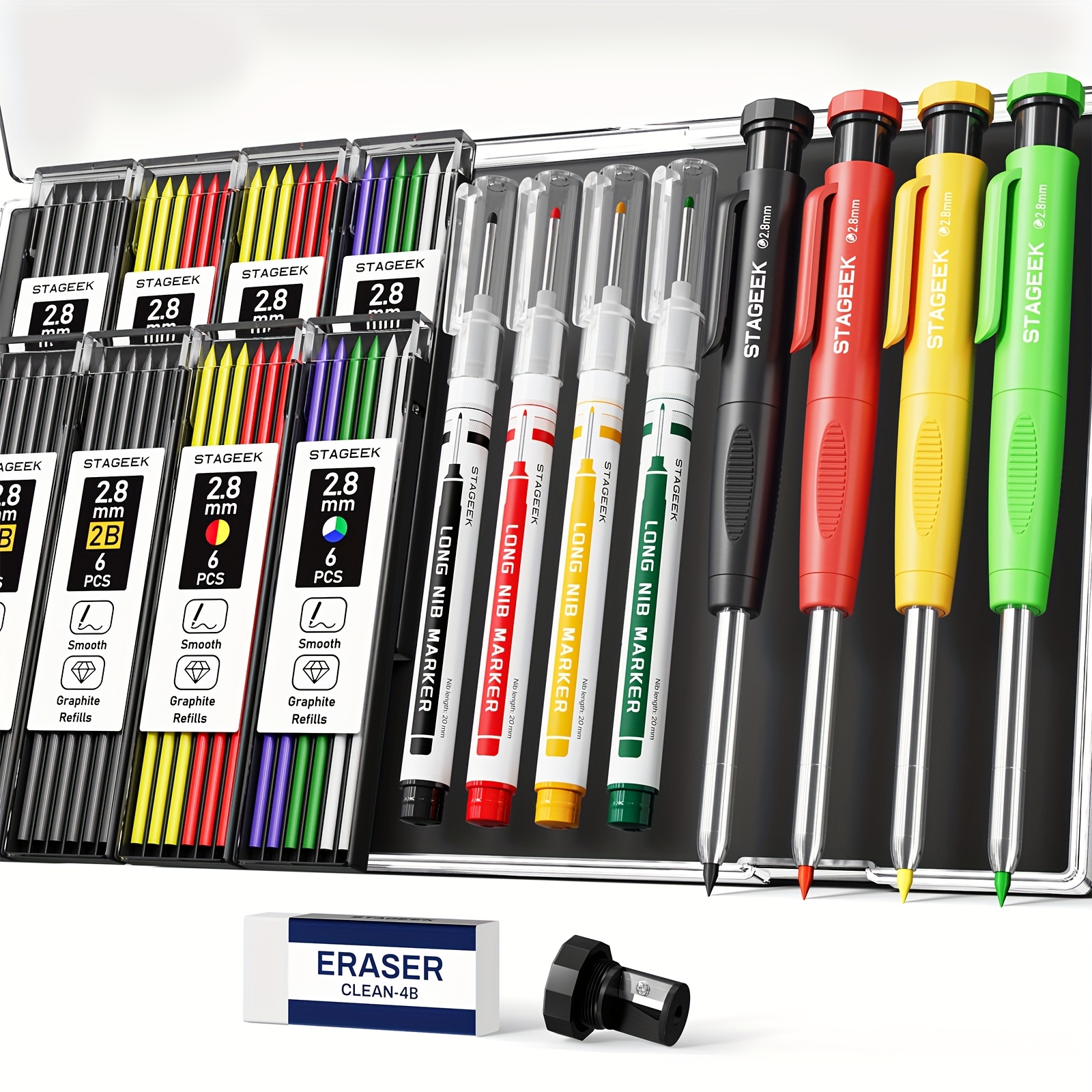 TEMU STAGEEK 4pièces Instruments d'écriture fines, crayons de avec ménage, crayons de mécanique avec 52 recharges, stylos marqueurs à longue pointe
