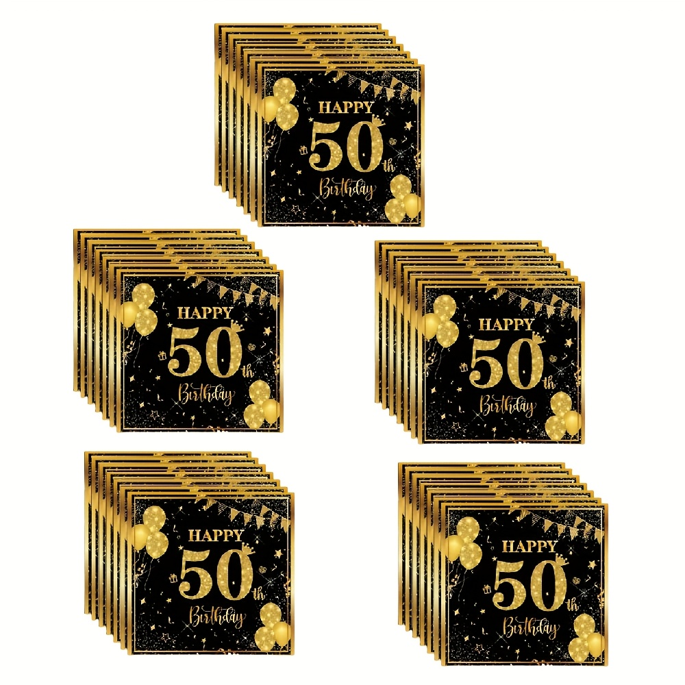TEMU 60/100pcs Elegant Black & Golden Napkins - 6.5x6.5 Inch Disposable 2-ply Paper Napkins With Golden Accents, Happy Birthday Text & For