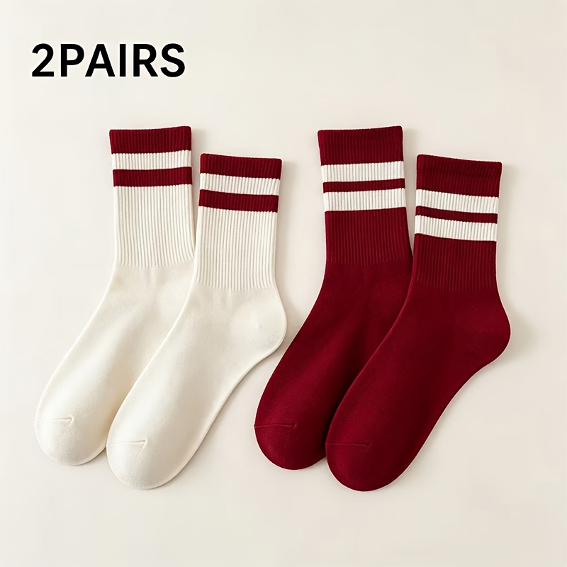 TEMU Women's Striped Short Socks, Vintage Double-stripe Ribbed Mid-calf Socks, Soft And Breathable Casual Sports Socks, Suitable For Everyday Wear,