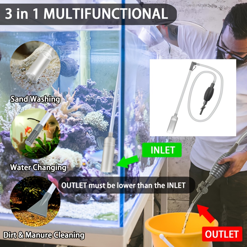 TEMU 3-in-1 Manual Aquarium Water Changer And Gravel Cleaner - Fish Tank Sand/gravel Vacuum Cleaning Tool With 3 Nozzles And Hose Kit For Efficient