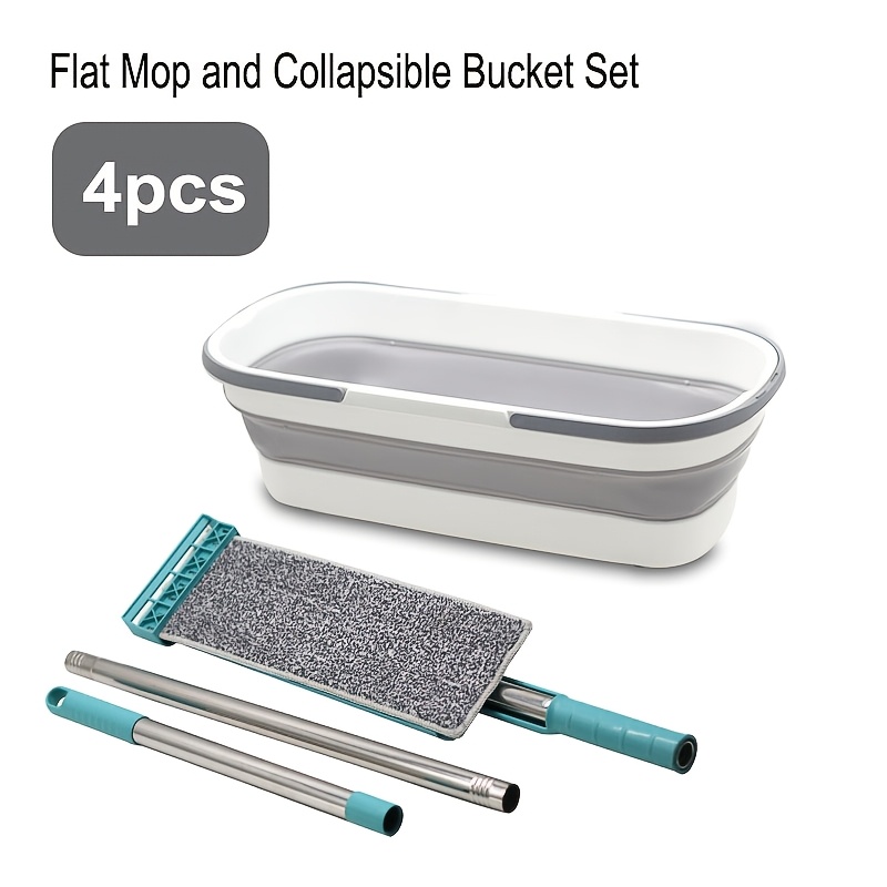 TEMU Ensemble Balai Plat et Seau Pliant avec Mécanisme d'Extraction à Pousser-; Convient pour le et à Humidifier; un Seau Long et Pliable; Idéal pour
