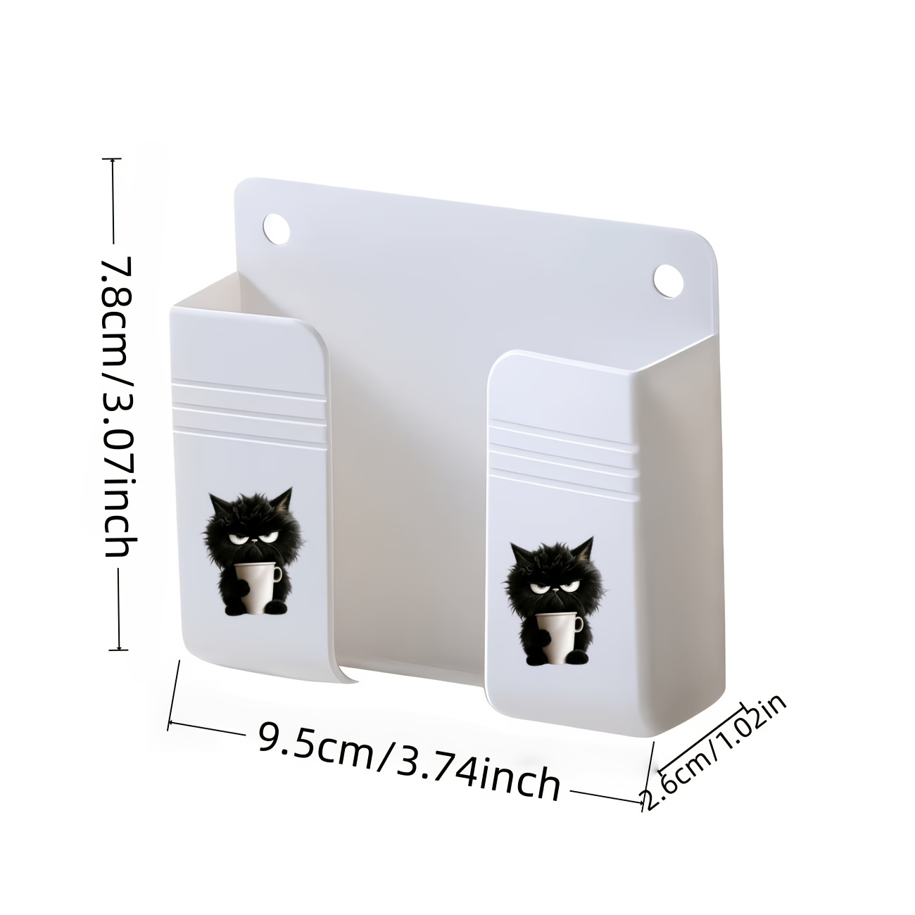 TEMU 1pc White Multi-functional Wall-mounted Phone Holder With Black Cat Holding A Coffee Cup Pattern, No-drill Self-adhesive, Lazy Storage Box,