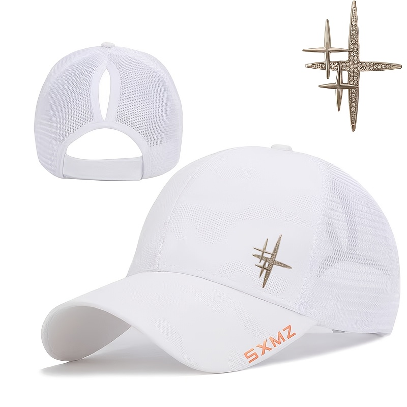 TEMU 1pc /summer Ponytail Baseball Cap For Women And Men, Mesh Breathable Style For High Ponytails, Exquisite Star-shaped Rhinestone Decoration, Gift