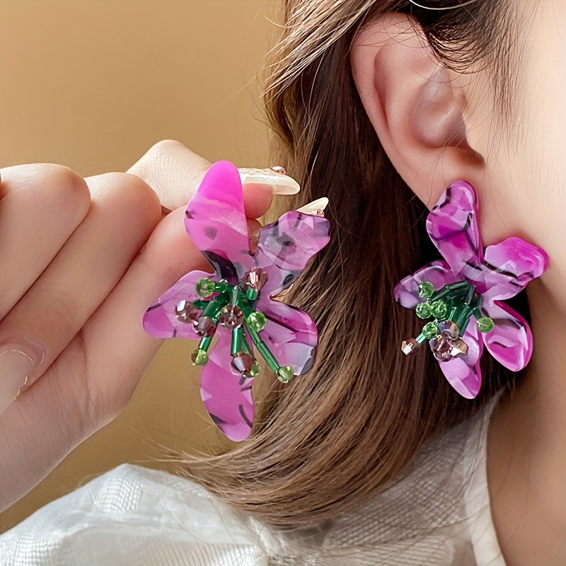 

Vintage Luxury Acrylic Flower Earrings, 925 Silvery Posts, Crystal Embellished, No Plating - Perfect For Parties/banquets, All-season Women's Fashion