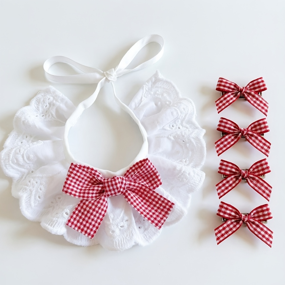 TEMU Lot de 5 pièces pour chiots et chatons - Ensemble doux de collier vichy et pince à nœud papillon avec bavoir réglable, pinces à nœud papillon, à