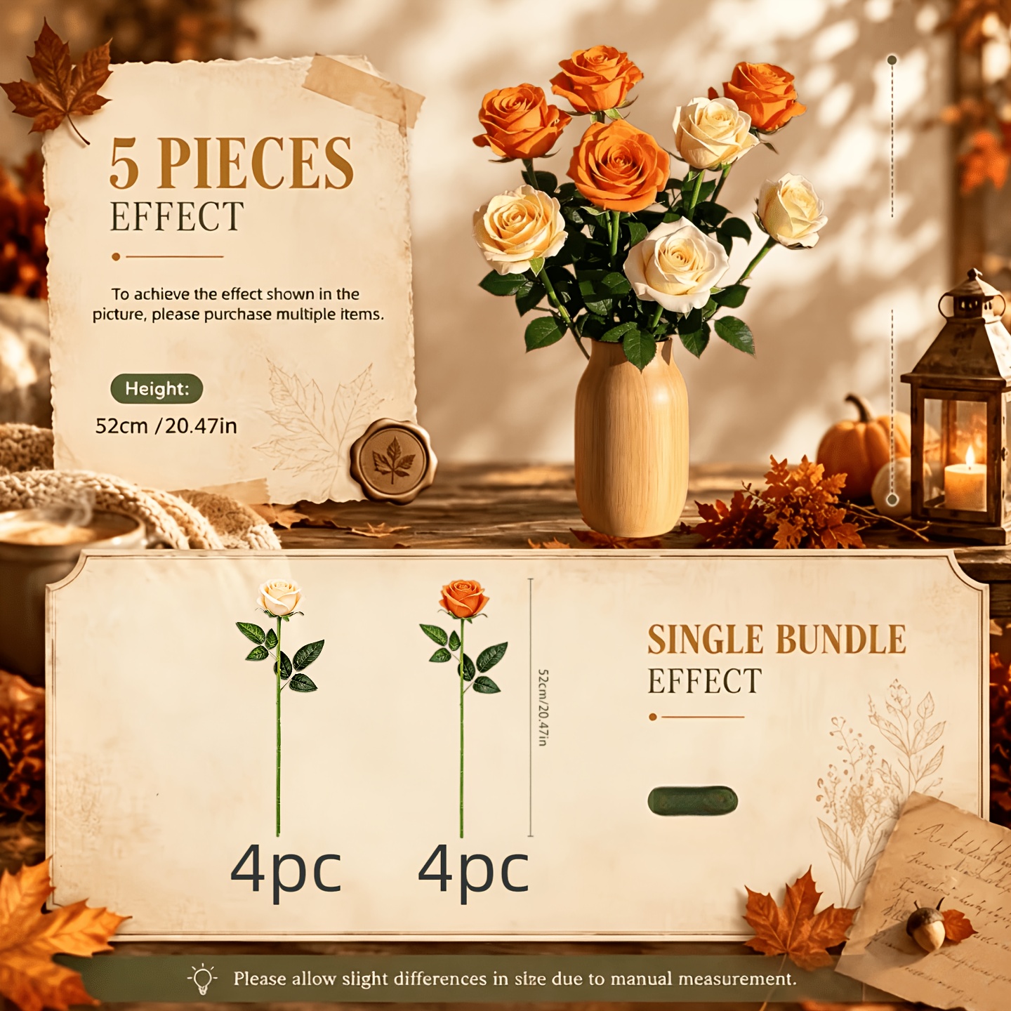 TEMU 8 pezzi di rose artificiali autunnali multicolore/ e rose arancioni con lunghi/bouquet di rose finte realistiche/decorazioni per feste di