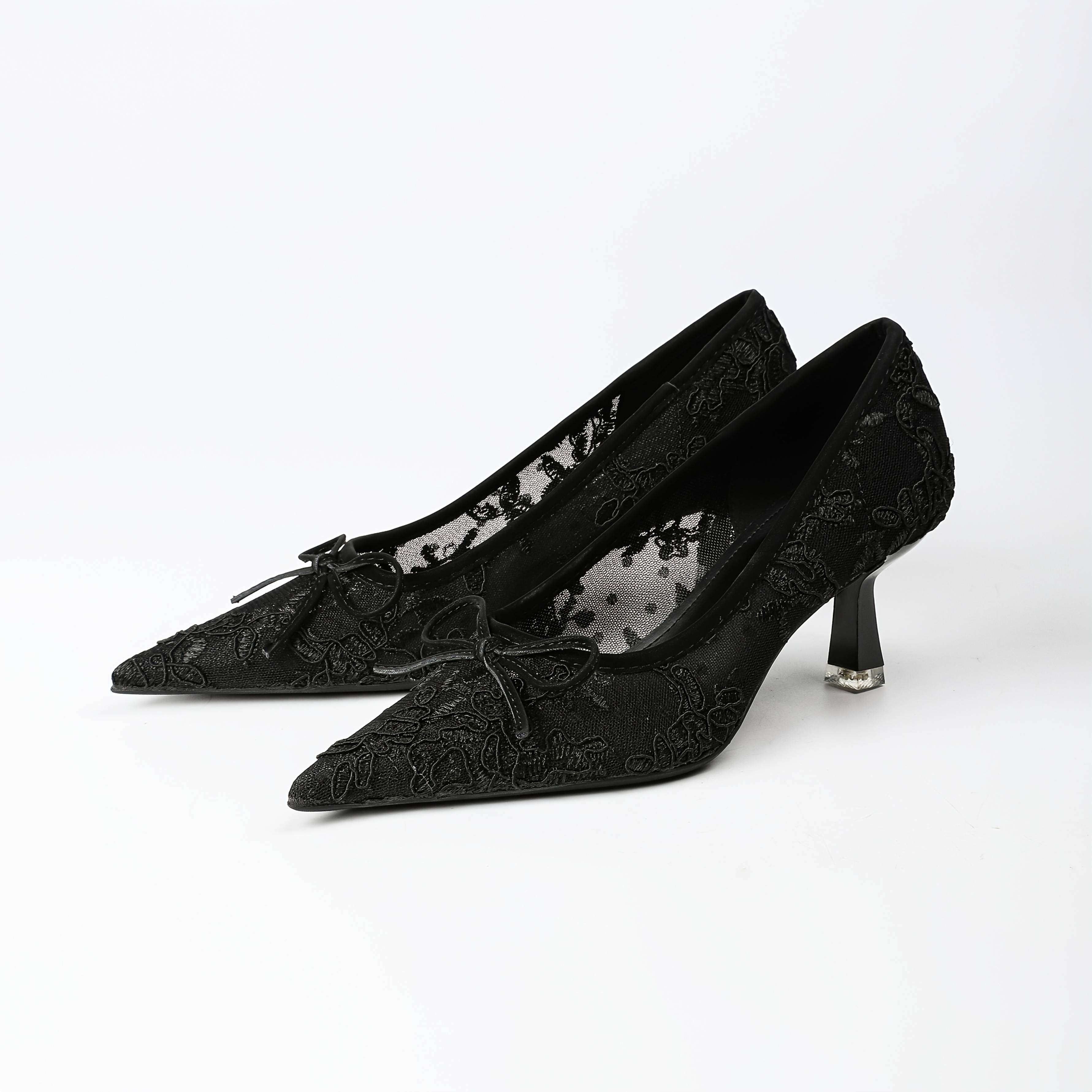 Image of Sexy Mature Style Lace Breathable Mesh Pointed Stiletto High Heels Exquisite Bow Retro Elegant Daily Wear Temperament Women's Shoes, Women Shoes