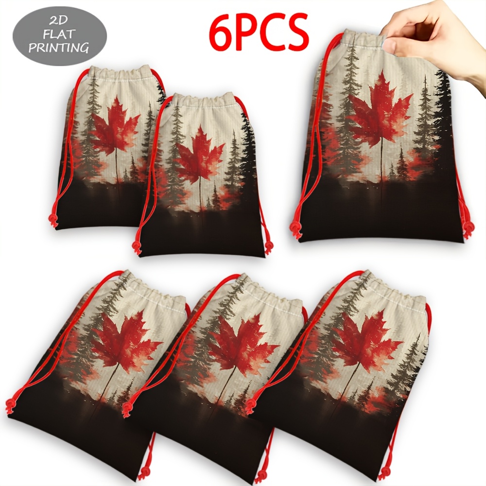 TEMU 6pcs, Feuille d'Érable Rouge Silhouette de Forêt Grande Capacité Fête Noël à Cordon, Pomme au Caramel, Emballage en Vrac Adapté aux Fêtes,