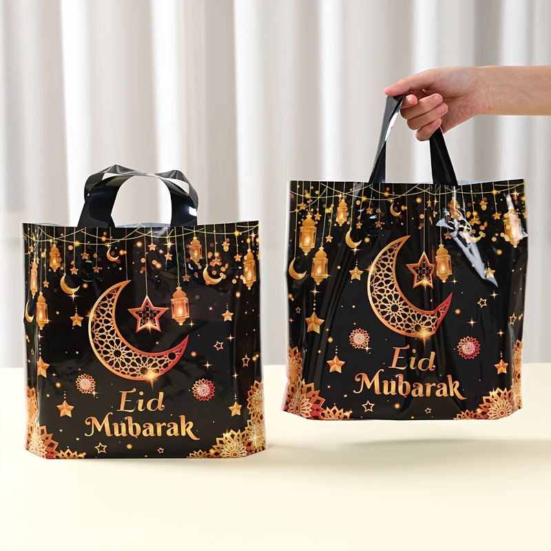 

25/50pcs Sacs-cadeaux portables Eid , Design de lanterne dorée noire, Sacs de de fête en plastique 30x25cm, Décoration islamique musulmane de Ramadan, Fournitures d'emballage Eid Al-Fitr et