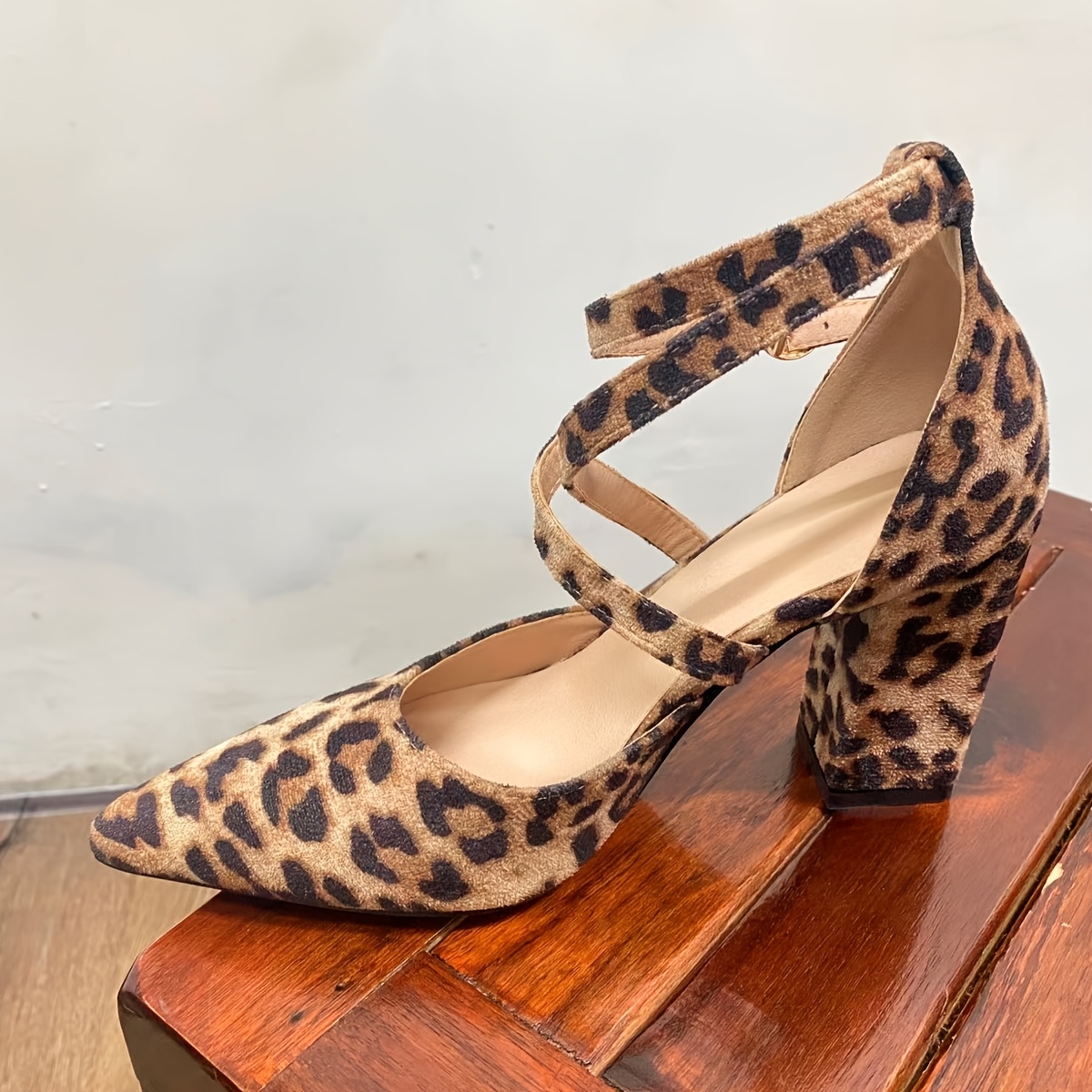 chunky heeled leopard print high heels cross straps a single Temu