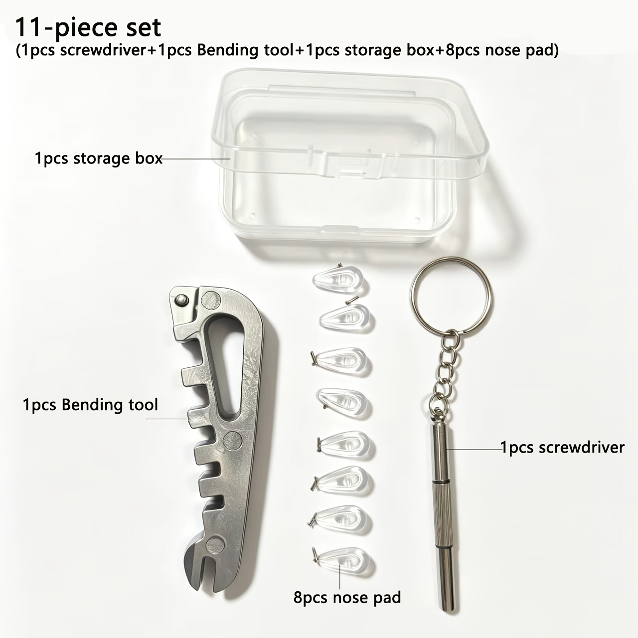 TEMU Kit d'outils de réglage de lunettes 11 pièces, comprenant un coussin antidérapant, des crochets d'oreille confortables anti-chute, des tournevis