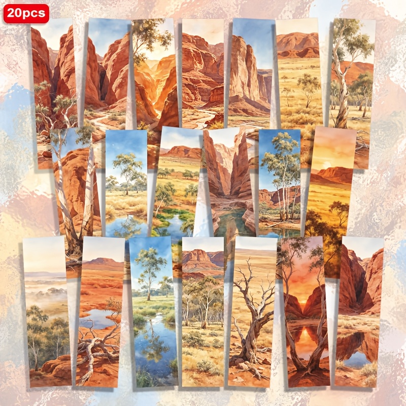 TEMU 20pcs Watercolor Australian Natural Scenery, Forest Mountains Grasslands, Lake Sunset Pattern 1.5in*5.9in 2d Printed Paper Bookmarks, Daily