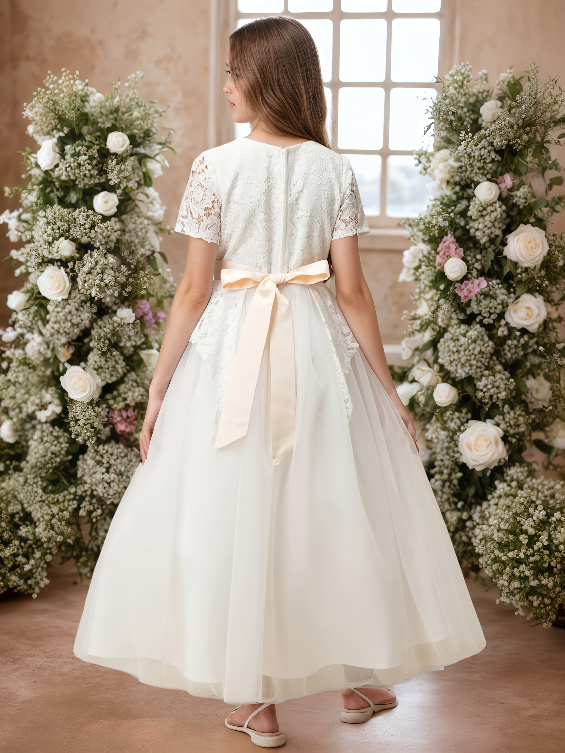 A long, fashionable white lace dress for girls, a simple and elegant white  dress for young girls, and a fitted daily wear
