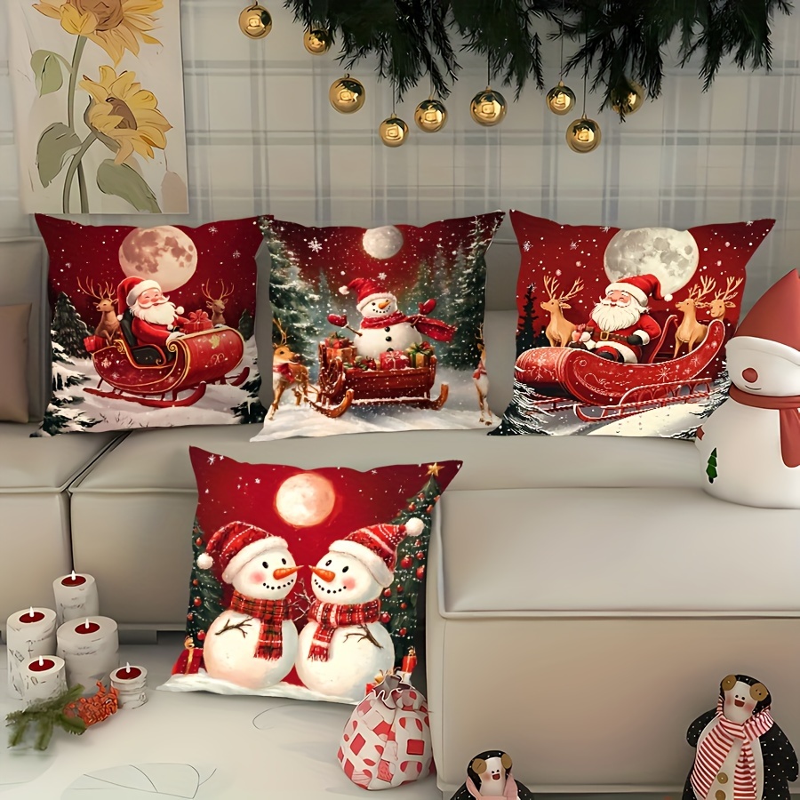 

4pcs Christmas Red And Snowman , Printed , , , Washable, For And Decor