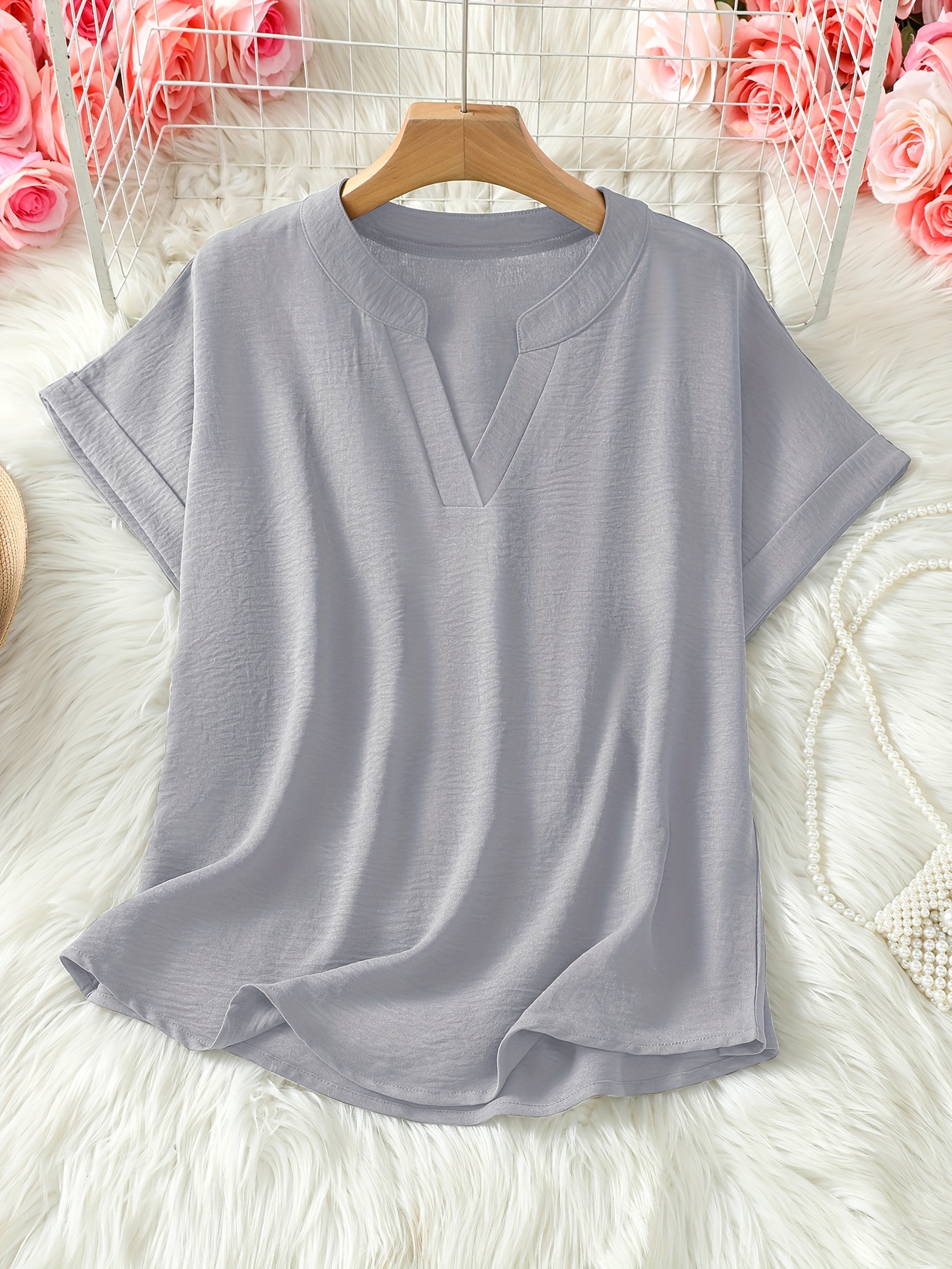 womens v neck drop shoulder sleeve solid color loose short sleeve shirt details 2