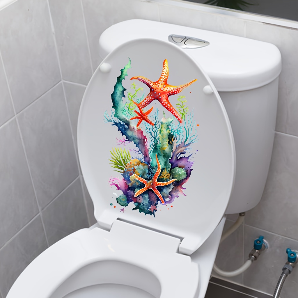 

1pc Starfish Pattern Toilet Lid Decal, Waterproof Self-adhesive Toilet Sticker, Creative Bathroom Wall Decorative Sticker, Bathroom Accessories, Home Decor