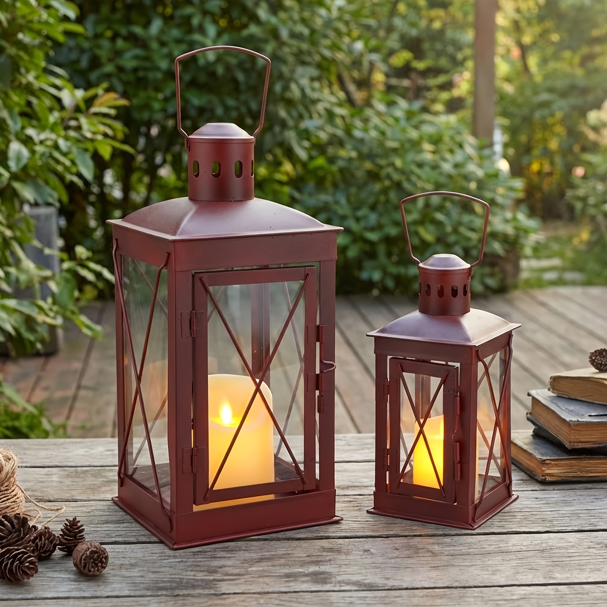 Image of Set Of 2 Christmas Decorative Candle Lantern Metal Candle Holders Hanging Lantern Perfect For Home Decor Patio Living Room Parties Events Tabletop Indoors Outdoors (red)