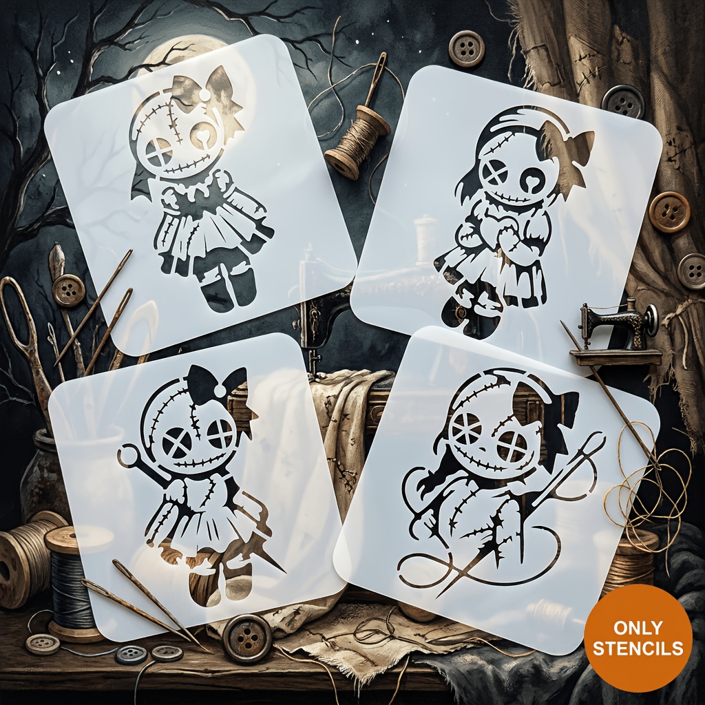 TEMU Halloween/' Day, All Hallows' Day Doll Hollow Template Set Of Four, Reusable Template, Suitable For Wall Art Crafts, Furniture Canvas, Diy Home