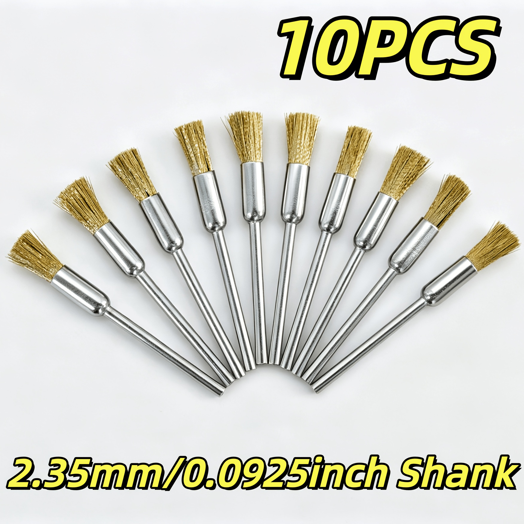TEMU 10pcs Copper-plated Pencil-type Brush Set, 2.35mm Shank Diameter, Mini Pencil-shaped Brush, Metal Rust Removal Tool, For Polishing And Grinding,