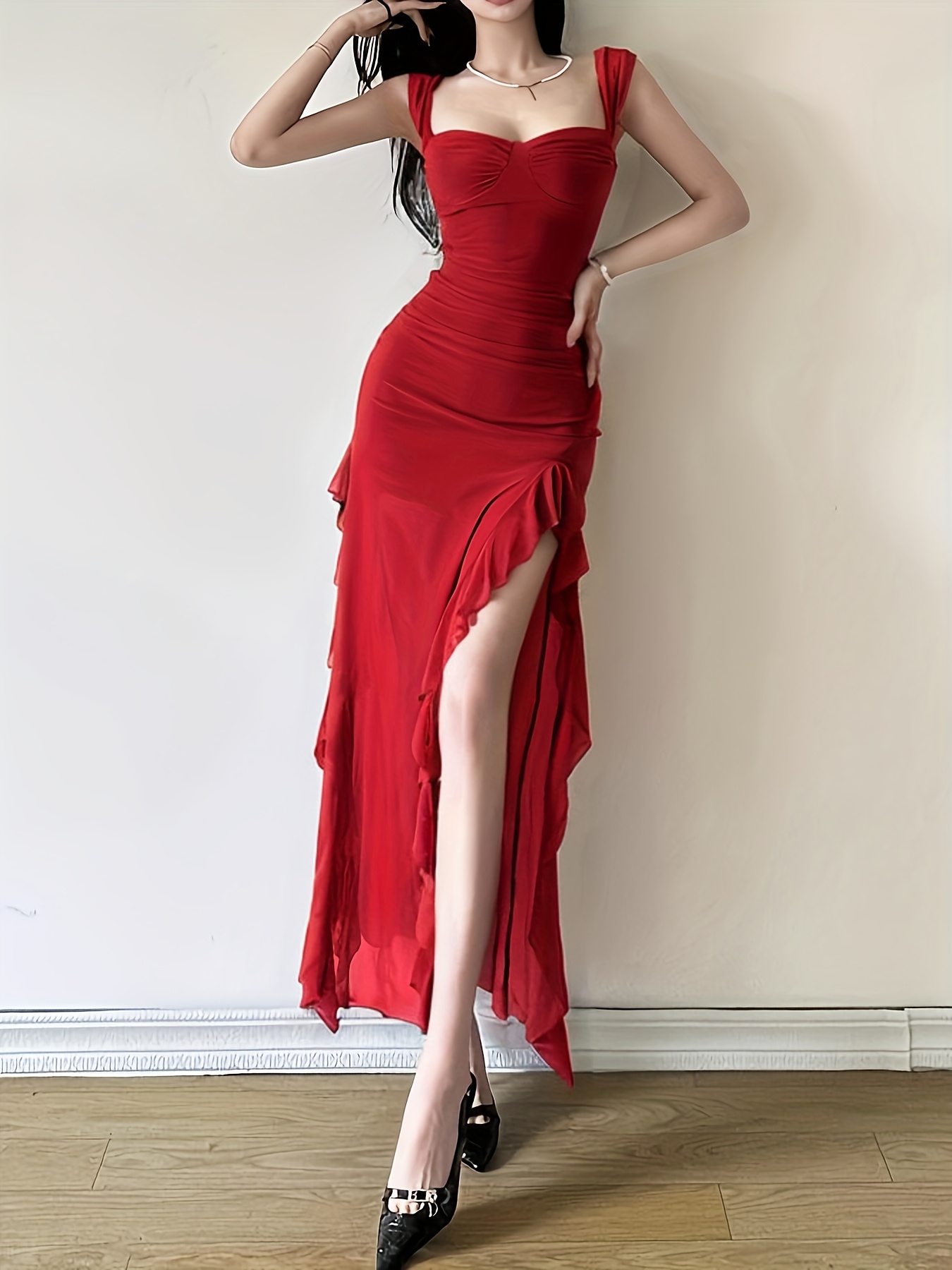 red dress asymmetrical neckline Tina Holly Couture TK333 Ruby Red With Asymmetrical Neckline And A Side Slit Formal Dress Ruby Red / 6 AUS main image 1