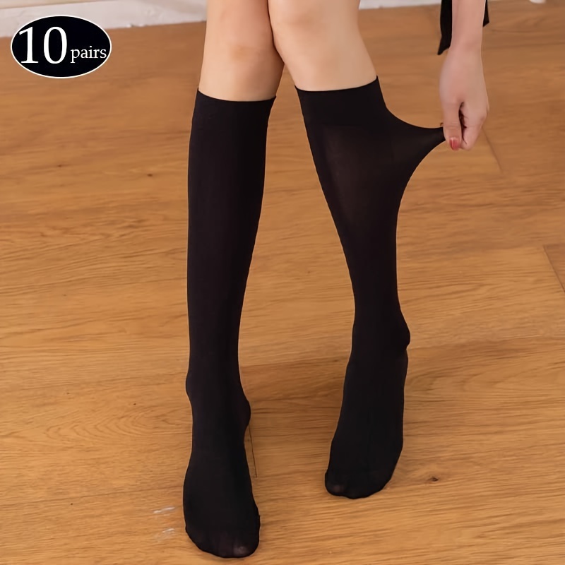 

10 Pairs Women's Thigh High Socks, Solid Color Knit Polyester, Stretchy Over-the-knee Stockings, Hand Washable/dry