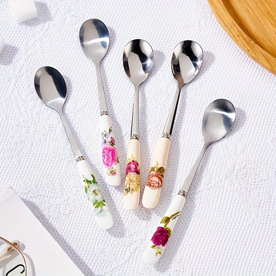 

6pcs Stainless Spoons With Ceramic Handles - Mixing, Sugar, Ice Cream & Soup - & Dining Accessories