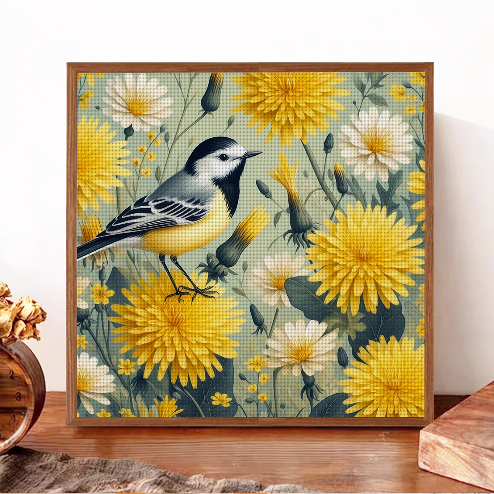 Complete DIY Cross Stitch Kit - 'Yellow Bird Perched on Yellow Flower'