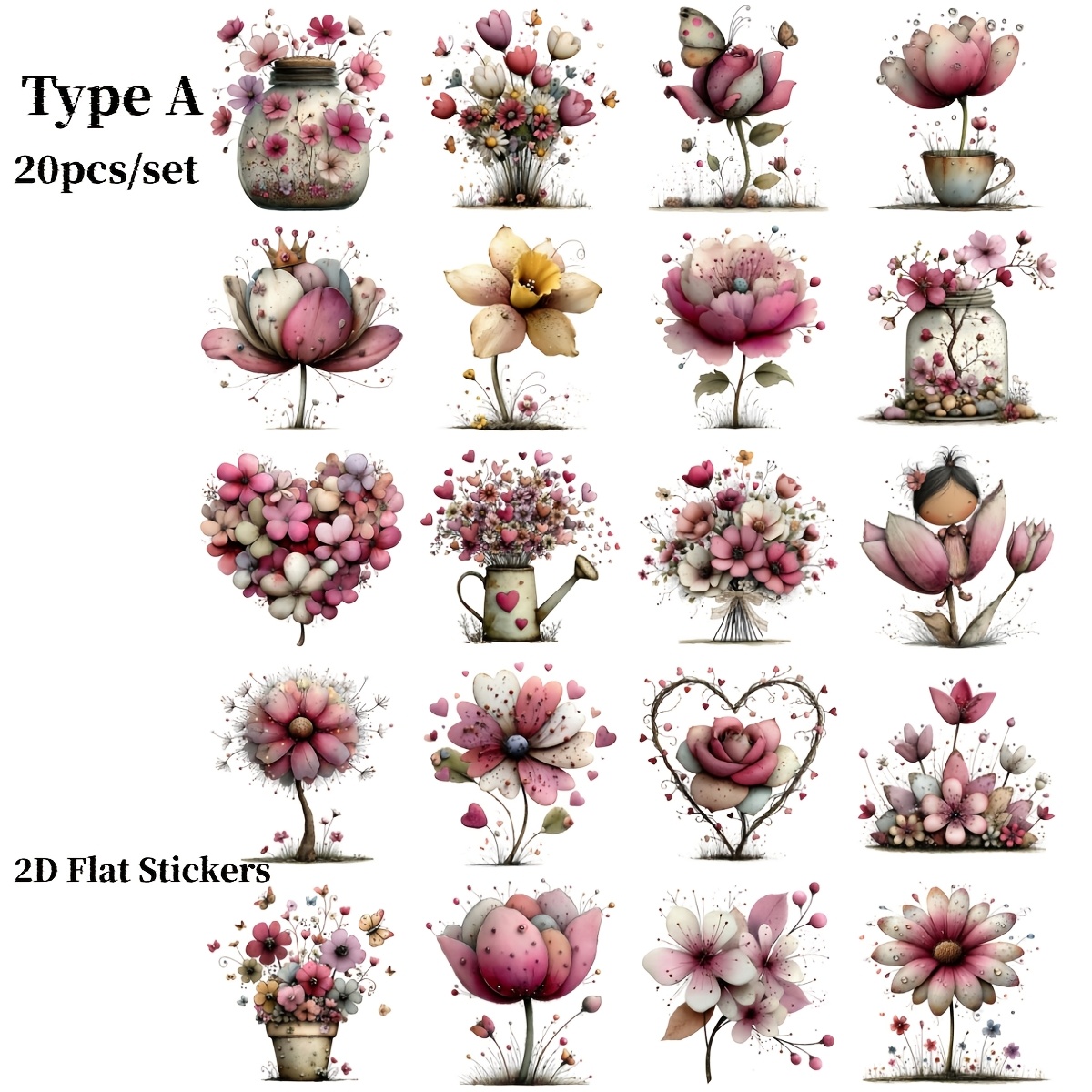 Image of 2d Flat Stickers 20pcs/set Creative Handmade Retro And Whimsical Spring Flowers Stickers Suitable For Garbage Diary Notebook Decoration Valentine's Day Gift Decoration
