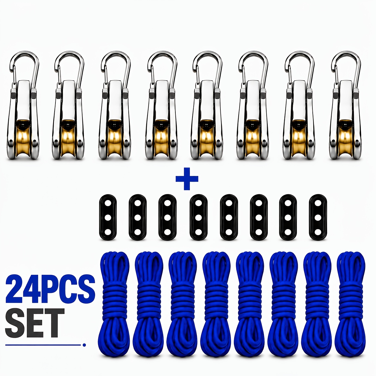 TEMU Ensemble de 24 pièces (8 crochets de sangle + 8 cordes + 8 tendeurs à trous), avec tendeurs à rouleaux, un système de poulie à corde réglable et