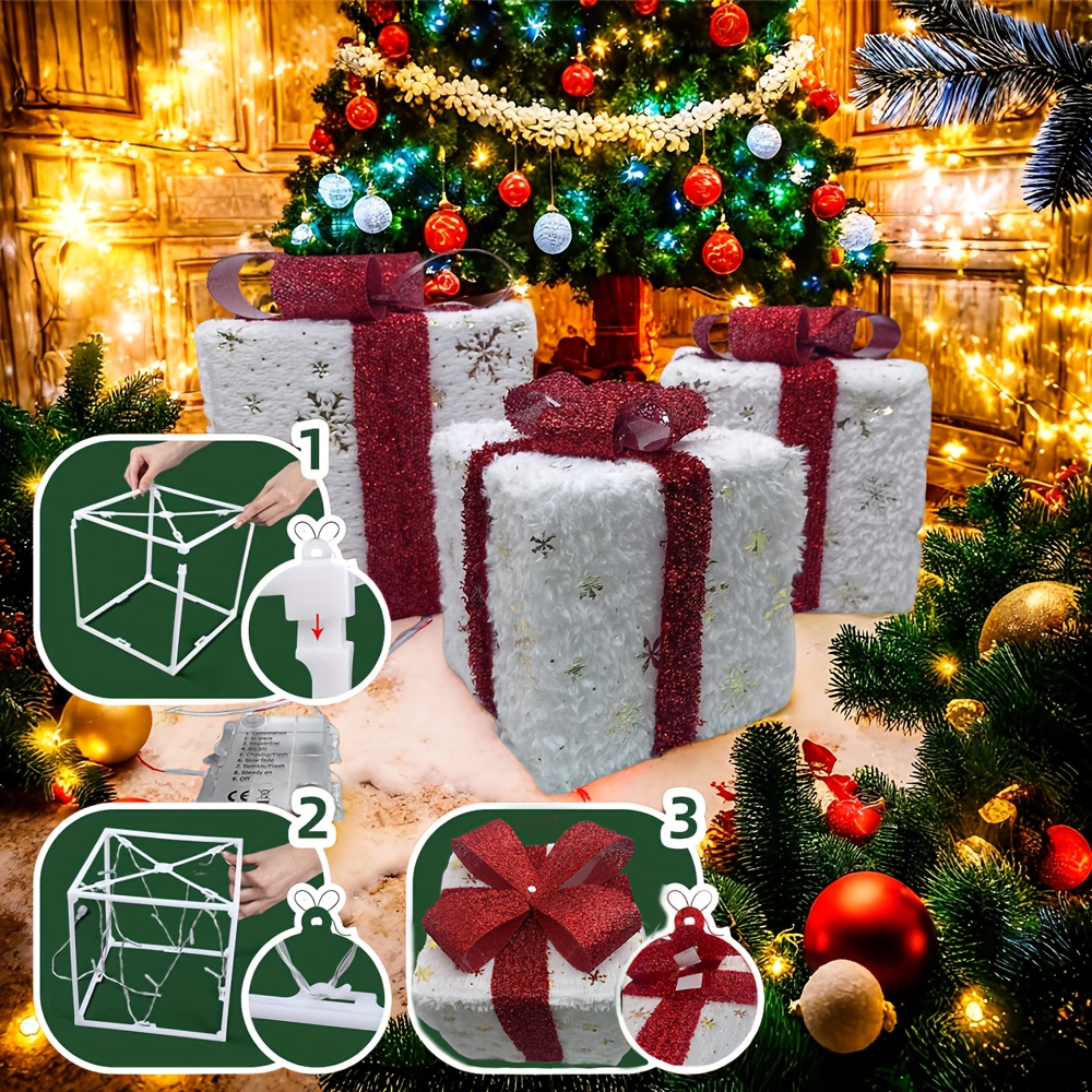 3pcs Plush Christmas Glowing Gift Box, Christmas Red Bow Gift Box, Christmas Party Gift Box with Golden Snowflakes, Suitable for Christmas Tree, Holiday Decoration, Home Decoration, Christmas Celebration Gifts, Collectible Buildings & Accessories, Best for Christmas, Christmas Light Gift Box, Christmas Decoration, Christmas Stuff Cheap, Christmas Village, Christmas Home Decoration