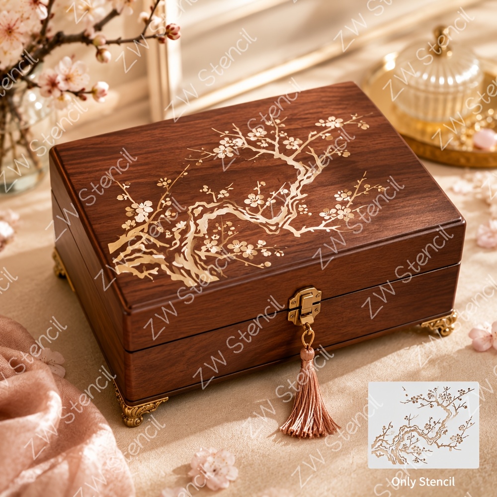 TEMU 2pcs Traditional Ink Twig Stencil, Reusable Oriental Floral Landscape Stencil With Bloom Branch Silhouette, Washable Flexible Drawing Templates