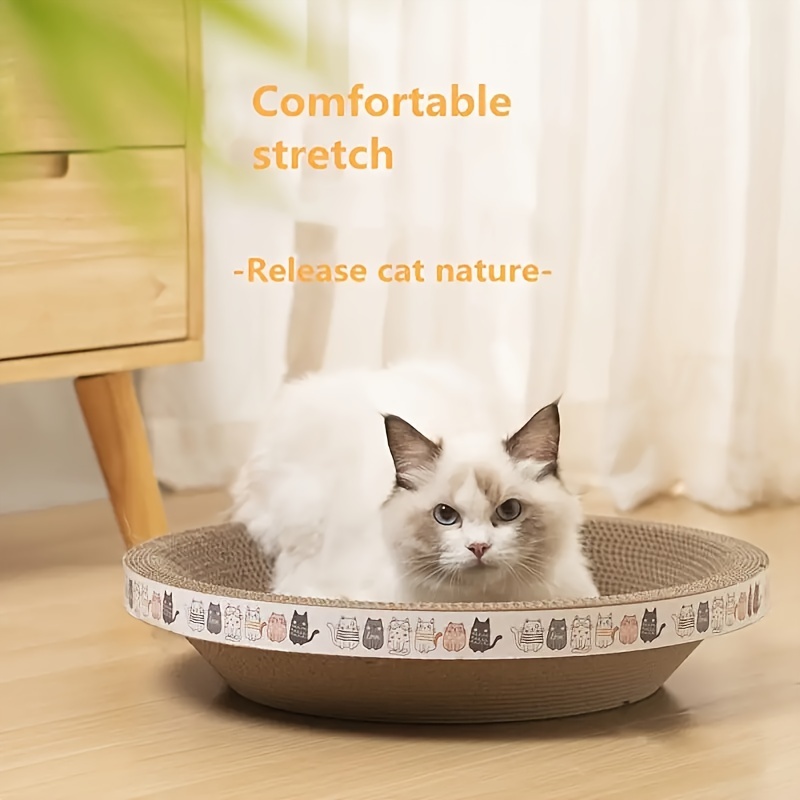 TEMU 1pc Round Cat Scratching Board, Corrugated Paper Cat Scratchers With Cute Cat Print, Interactive Natural Grinding Nail Toy, Furniture Protection