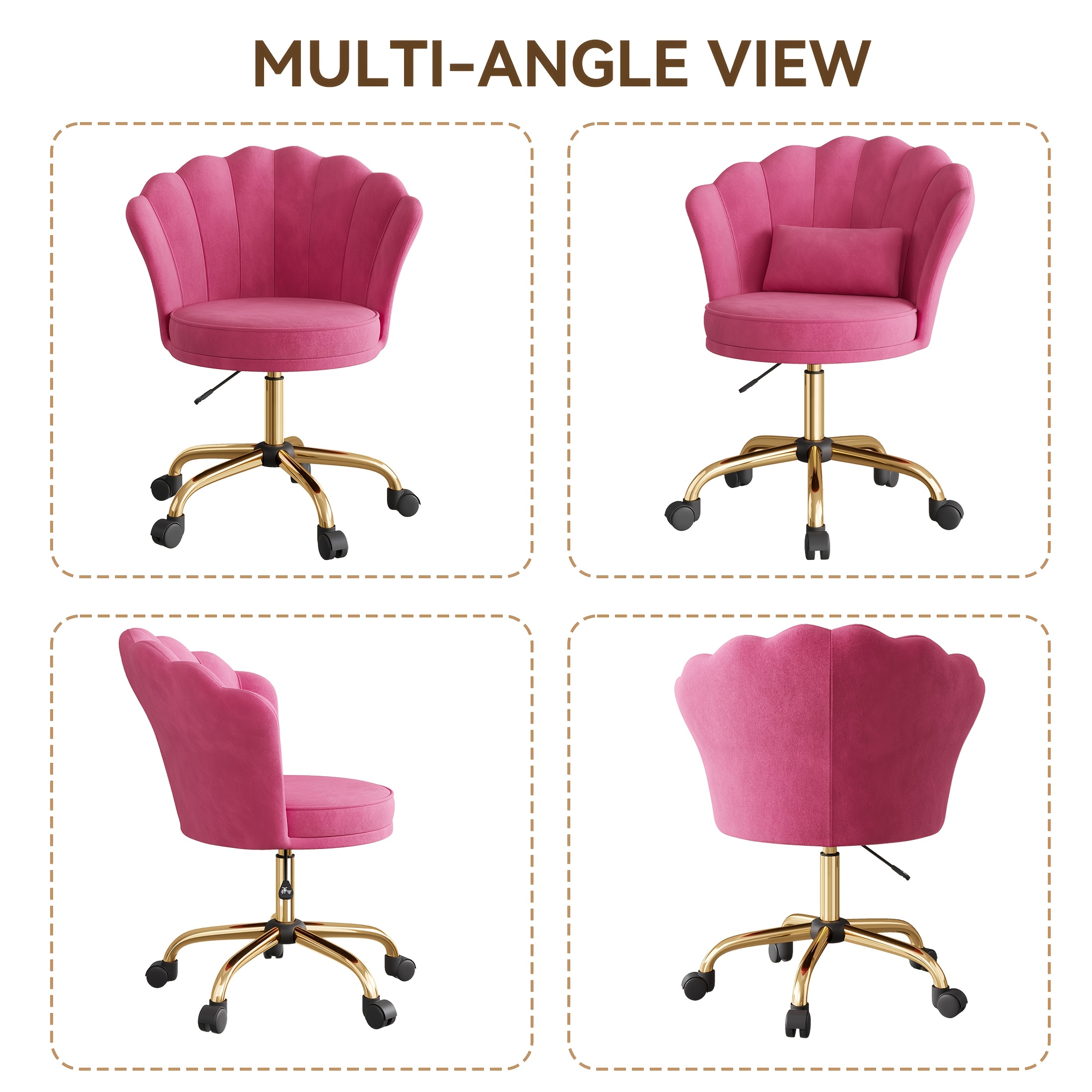 Girls' & Women' Luxury Velvet Tufted Vanity Chair with Wheels - Height Adjustable Upholstered Desk Chair Suitable for Bedroom, Living Room, Dressing Table, Soft Cushioning, No Assembly Required, Contemporary Petal for Home Office