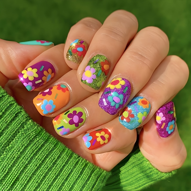 TEMU 24pcs Vibrant Floral Press-on Nails - Green & Designs With Glitter, Glossy Finish, , Reusable & Removable, Ideal For Parties & , | Vibrant Nail Art | Glossy Finish Nails, Nail Decorations