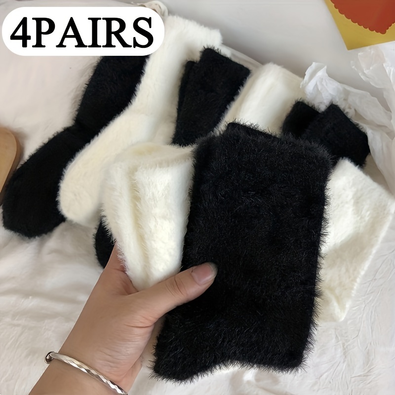 

4 Pairs Solid Fuzzy Fluffy Socks, Simple & Warm Mid Tube Socks For Fall & Winter, Women's Stockings & Hosiery