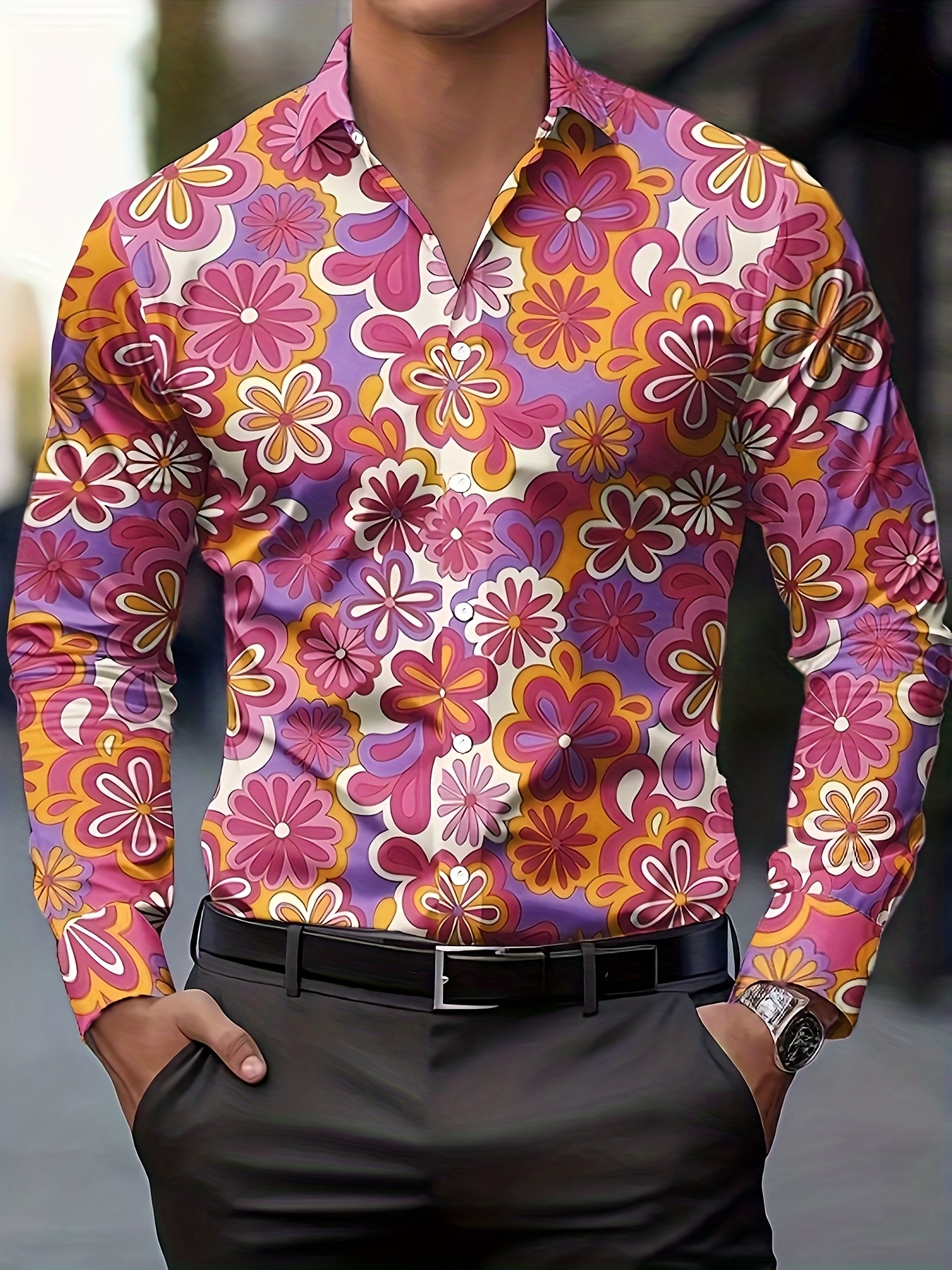 mens vintage floral long sleeve shirt bohemian style 1970s Temu