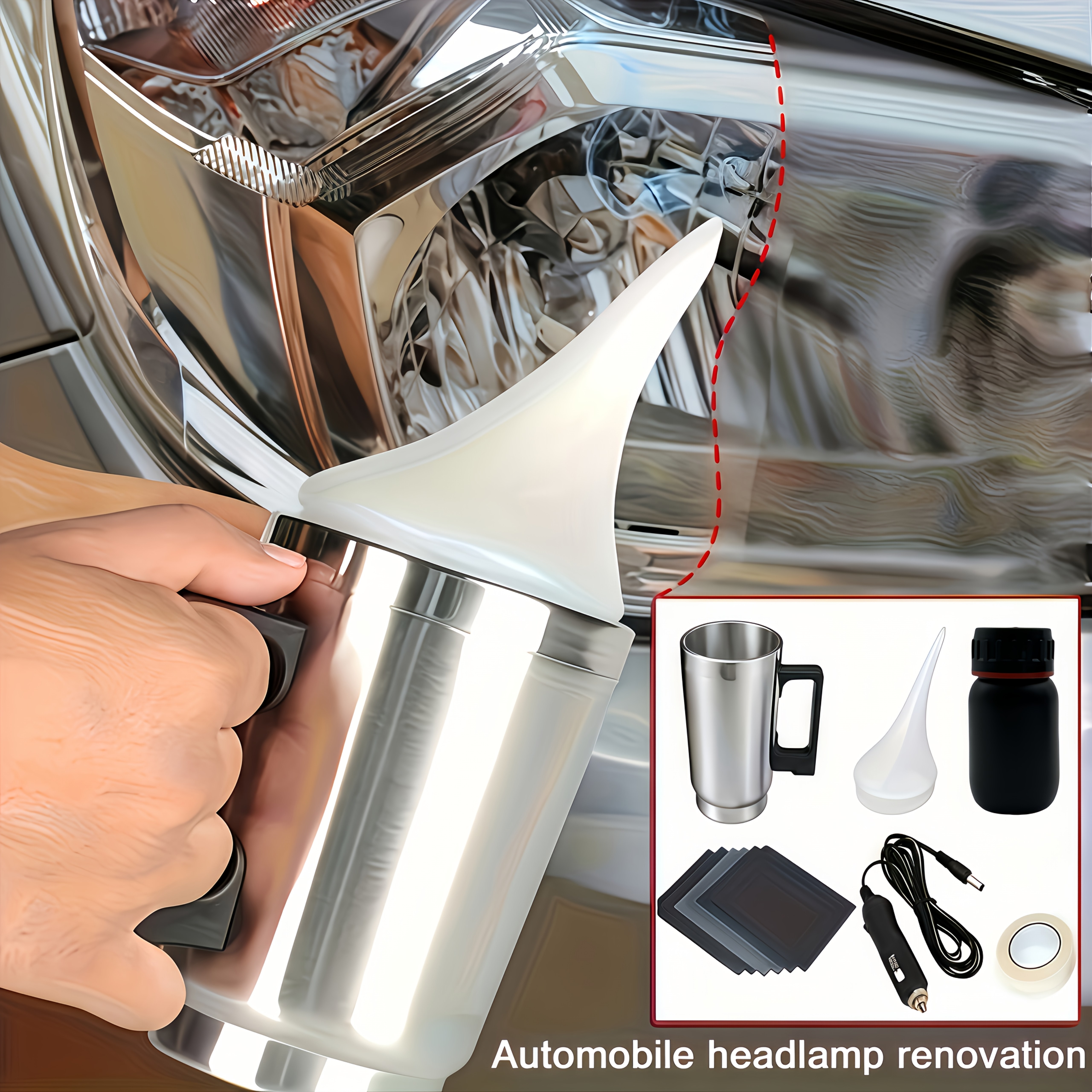 imagen del artículo kit de restauración de faros de coche con vaso atomizador, juego de herramientas de renovación de recubrimiento de faros para sedanes, furgonetas y vehículos