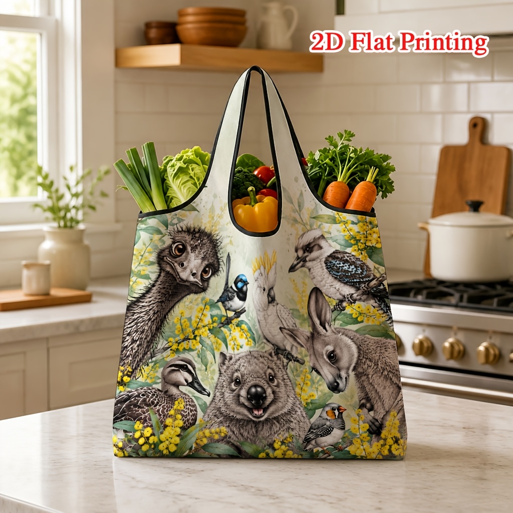 TEMU 1pc Australian Emu, Koala, , , Kangaroo, Flower, Bird Watercolor 2d Printed Shopping Bag, Foldable Tote Bag With Shoulder Strap, Machine