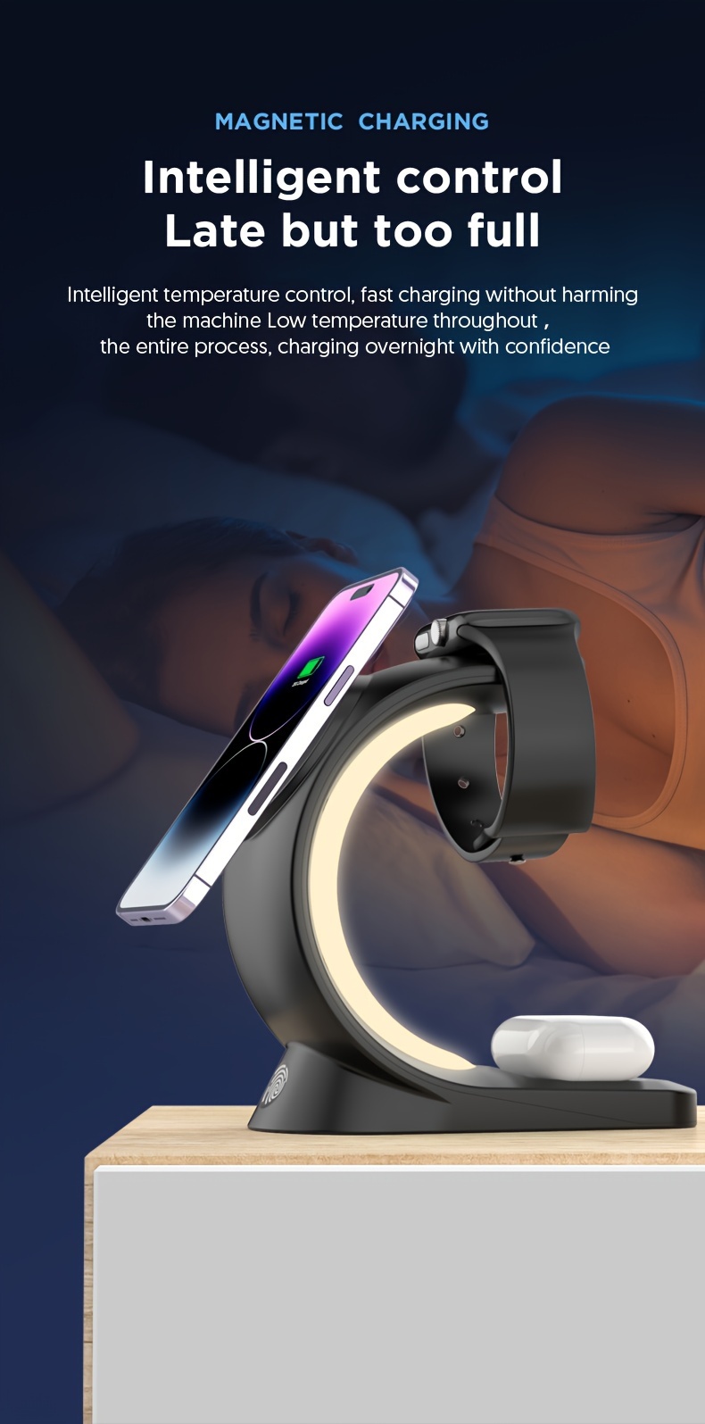 wireless charging station a three in one wireless charging dock for watches earphones and mobile phones suitable for 7 se 6 5 4 3 2 iphone 15 14 13 12 pro max with adjustable night light bedside lamp and colorful lights details 3